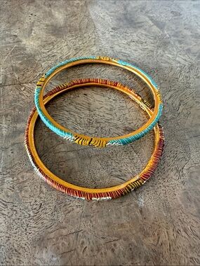 Colorful Painted Enamel Bangle Set - Turquoise & Mustard